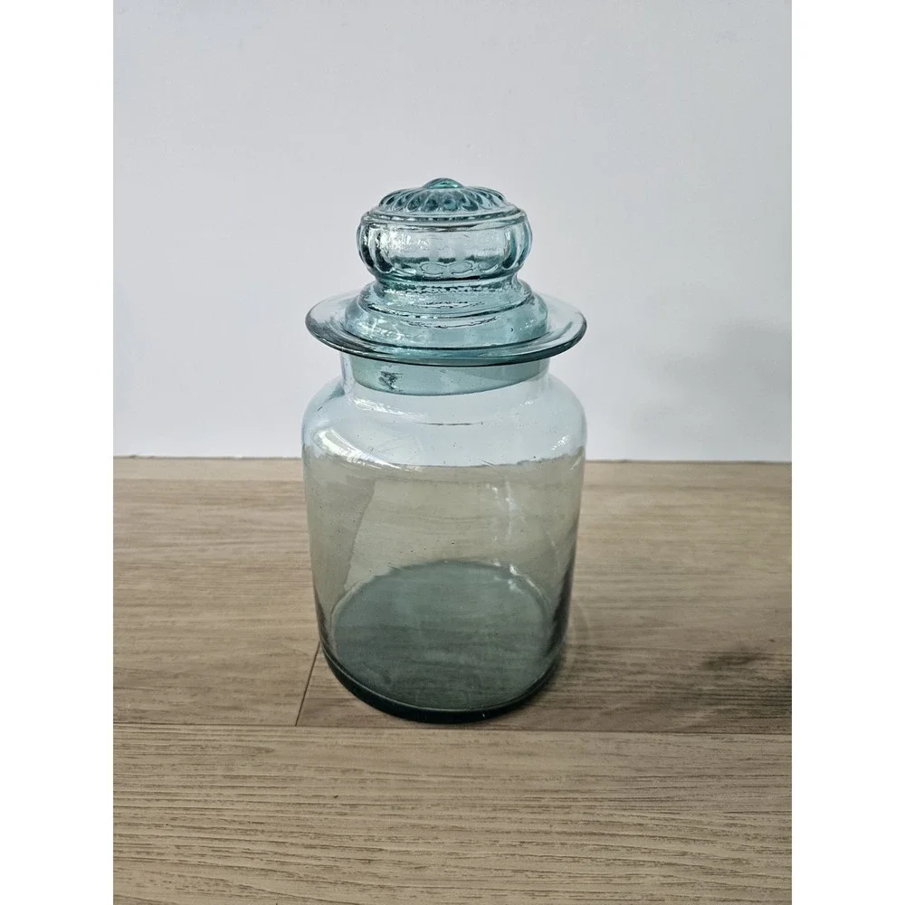 Vintage Takahashi Glass Apothecary Jar Teal Blue Green MCM Canister With Lid 8